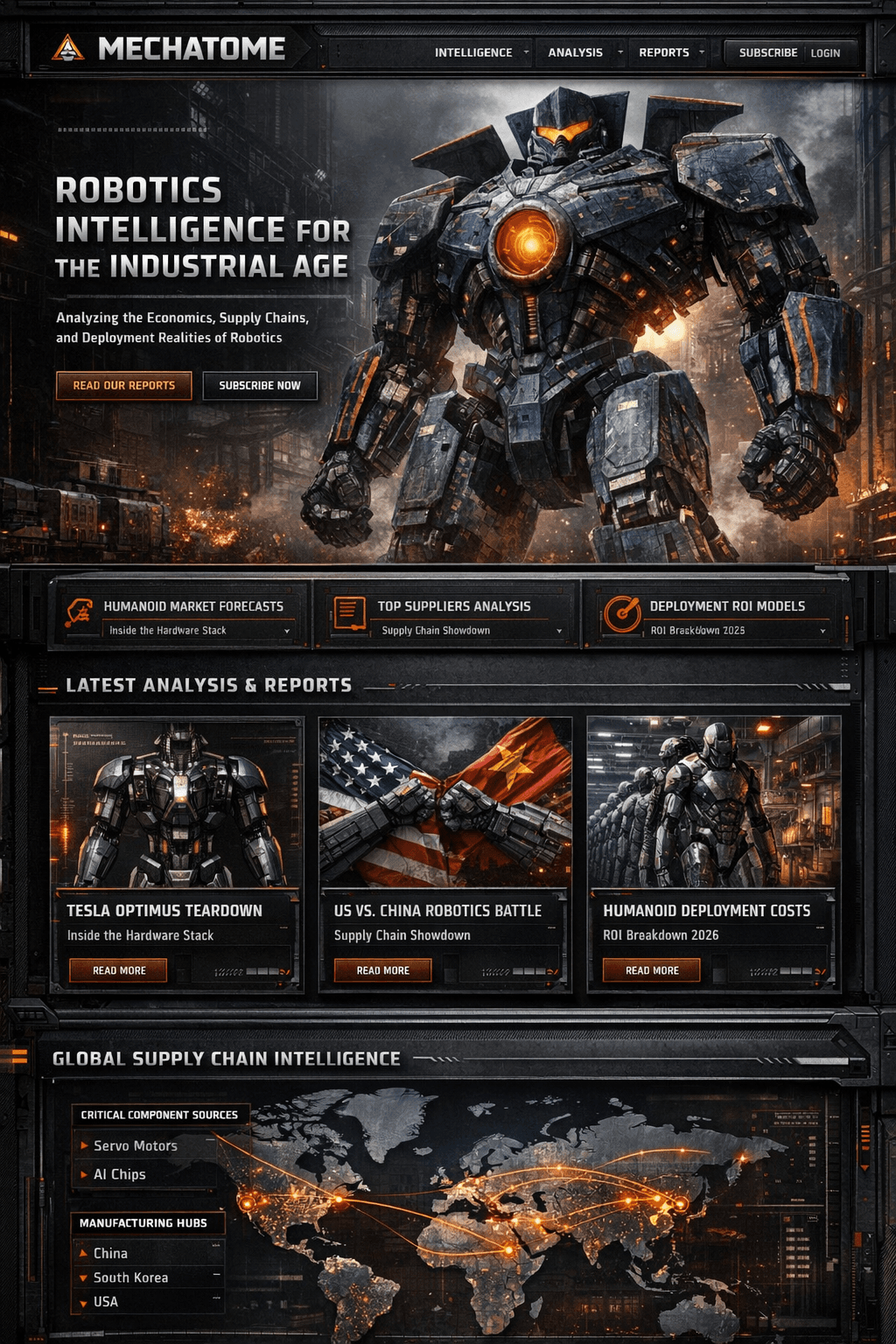 Industrial humanoid robot standing in a factory cityscape